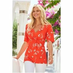 Sosandar Red Floral Print Angel Sleeve Twist Front Top -Sosandar unnamed file 1676