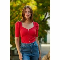 Sosandar Red Sweetheart Neck Zip Detail Ribbed Jersey Top