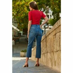 Sosandar Red Sweetheart Neck Zip Detail Ribbed Jersey Top -Sosandar unnamed file 1680