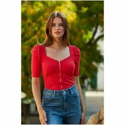 Sosandar Red Sweetheart Neck Zip Detail Ribbed Jersey Top -Sosandar unnamed file 1681