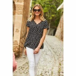 Sosandar Black Spot Lace Trim Shell Top
