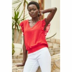 Sosandar Red Dobby Print Frill Detail Shirred Hem Blouse