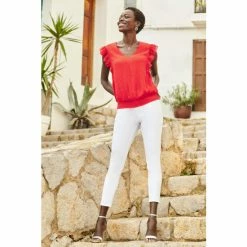 Sosandar Red Dobby Print Frill Detail Shirred Hem Blouse -Sosandar unnamed file 1693