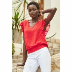 Sosandar Red Dobby Print Frill Detail Shirred Hem Blouse -Sosandar unnamed file 1694