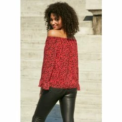 Sosandar Red Animal Print Sheer Sleeve Bardot Top -Sosandar unnamed file 1709