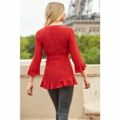 Sosandar Red Ruffle Hem Fluted Cuff Wrap Top -Sosandar unnamed file 1730