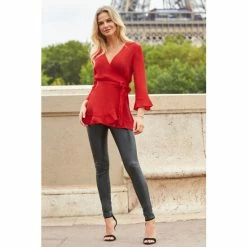 Sosandar Red Ruffle Hem Fluted Cuff Wrap Top -Sosandar unnamed file 1731