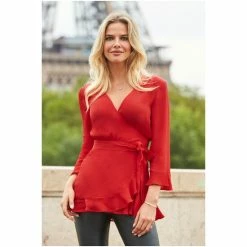 Sosandar Red Ruffle Hem Fluted Cuff Wrap Top -Sosandar unnamed file 1733