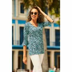 Sosandar Blue Animal Print Fluted Sleeve Top