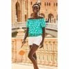 Sosandar Green Floral Print Shirred Hem Bardot Top