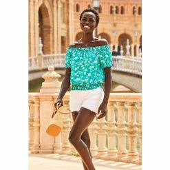 Sosandar Green Floral Print Shirred Hem Bardot Top