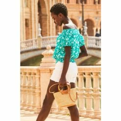 Sosandar Green Floral Print Shirred Hem Bardot Top -Sosandar unnamed file 1754