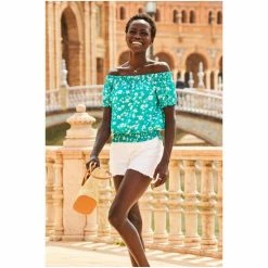 Sosandar Green Floral Print Shirred Hem Bardot Top -Sosandar unnamed file 1755