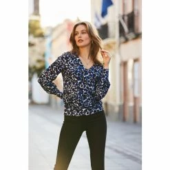 Sosandar Blue Animal Print V Neck Blouson Sleeve Top