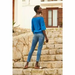 Sosandar Blue Crinkle Shirred Hem Bardot Top -Sosandar unnamed file 1774
