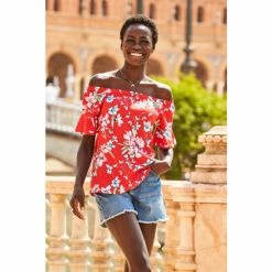 Sosandar Red Floral Print Fluted Sleeve Bardot Top