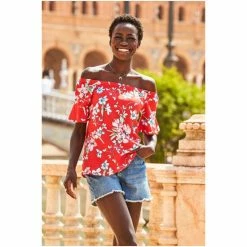 Sosandar Red Floral Print Fluted Sleeve Bardot Top -Sosandar unnamed file 1790
