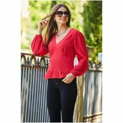 Sosandar Red V Neck Fitted Top -Sosandar unnamed file 1818
