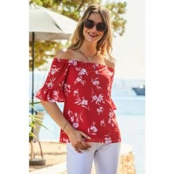 Sosandar Red Printed Bardot Blouse