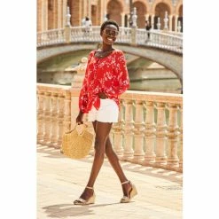 Sosandar Red Floral Print Button Front Blouse