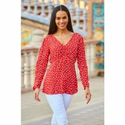 Sosandar Red Spot Print Ruched Front Top