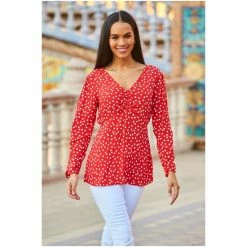 Sosandar Red Spot Print Ruched Front Top 3 Sosandar Red Spot Print Ruched Front Top -Sosandar unnamed file 1838