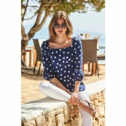 Sosandar Blue Spot Print Square Neckline Top