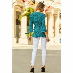 Sosandar Green Animal Print Ruffle Hem Fluted Cuff Wrap Top -Sosandar unnamed file 1864