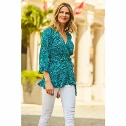 Sosandar Green Animal Print Ruffle Hem Fluted Cuff Wrap Top -Sosandar unnamed file 1865