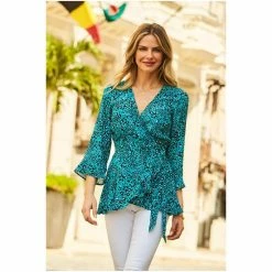 Sosandar Green Animal Print Ruffle Hem Fluted Cuff Wrap Top -Sosandar unnamed file 1867