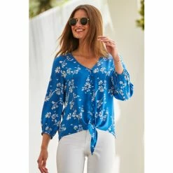 Sosandar Blue Floral Tie Front Blouse -Sosandar unnamed file 1883