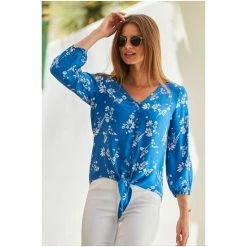 Sosandar Blue Floral Tie Front Blouse -Sosandar unnamed file 1885