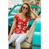 Sosandar Red Floral Print Button Front Sweetheart Neckline Top