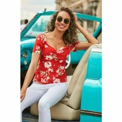 Sosandar Red Floral Print Button Front Sweetheart Neckline Top