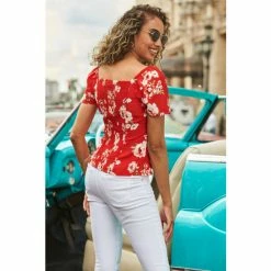 Sosandar Red Floral Print Button Front Sweetheart Neckline Top -Sosandar unnamed file 1888
