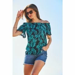 Sosandar Black Palm Print Pom Pom Trim Bardot Top