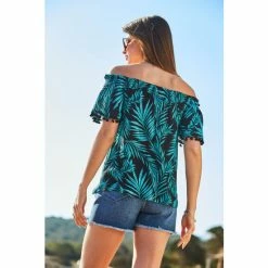 Sosandar Black Palm Print Pom Pom Trim Bardot Top -Sosandar unnamed file 1894