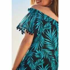 Sosandar Black Palm Print Pom Pom Trim Bardot Top -Sosandar unnamed file 1895