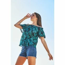 Sosandar Black Palm Print Pom Pom Trim Bardot Top -Sosandar unnamed file 1896