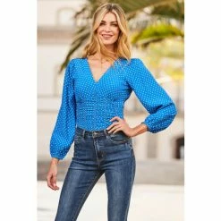 Sosandar Blue Spot Print Ruched Front Top