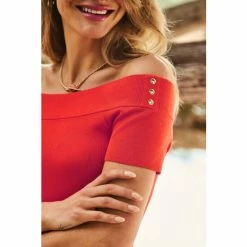 Sosandar Orange Knitted Bardot Top With Gold Stud Detail -Sosandar unnamed file 1911