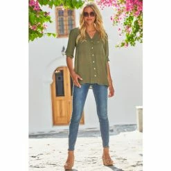 Sosandar Green Gold Button Front Tunic Top
