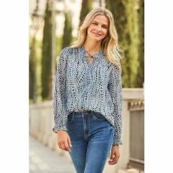 Sosandar Blue Spot Print Tie Neck Blouse