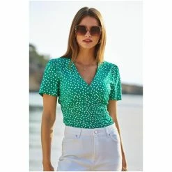 Sosandar Green Spot Half Sleeve Ruched Body Top -Sosandar unnamed file 1984