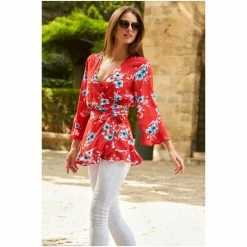 Sosandar Red Printed Wrap Blouse -Sosandar unnamed file 1989