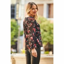 Sosandar Black Floral Print Ruffle Detail Blouse -Sosandar unnamed file 1992