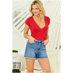 Sosandar Red Short Sleeve Faux Wrap Jersey Top -Sosandar unnamed file 2000