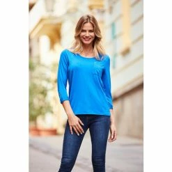 Sosandar Blue Stud Pocket Detail 3/4 Sleeve Top -Sosandar unnamed file 2004