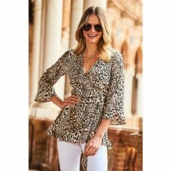 Sosandar Brown Leopard Print Ruffle Hem Fluted Cuff Wrap Top