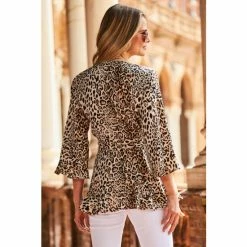 Sosandar Brown Leopard Print Ruffle Hem Fluted Cuff Wrap Top -Sosandar unnamed file 2008